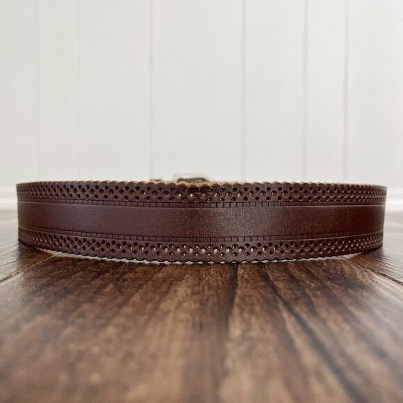 Laser Cut Belt Scallop Edge Bonded Leather Solid Brass Buckle Size Medium Brown - Picture 2 of 14